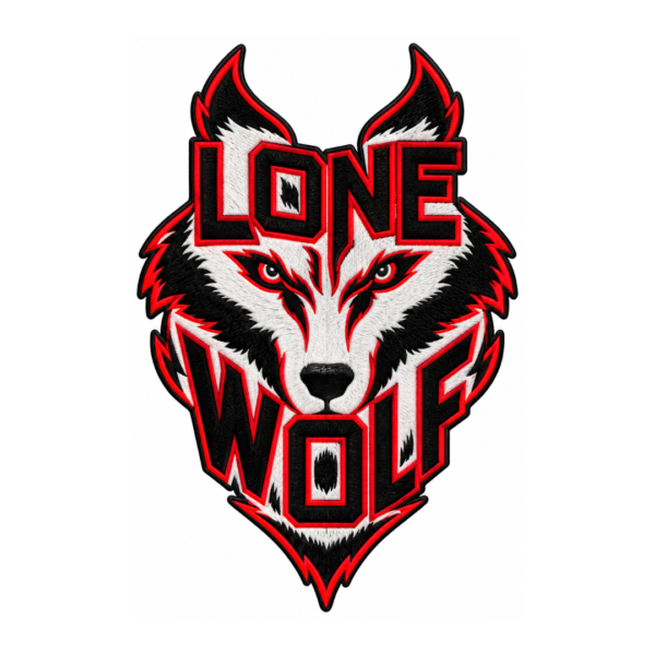 Lone Wolf embroidered patch with white and black wolf head, sharp gray eyes, bold black lettering, bright red outlines, pointed ears, and black satin border