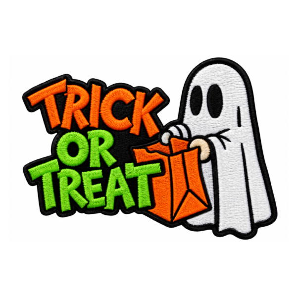 Trick or Treat Halloween embroidered patch with orange and neon green lettering, white ghost holding an orange candy bag, black background details, and satin embroidered border