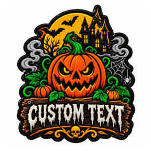 Custom Halloween embroidered patch with large orange jack-o-lantern, green stem, haunted house, yellow moon, bats, gray clouds, spider web, hanging spider, small pumpkins, green leaves, and personalized text banner
