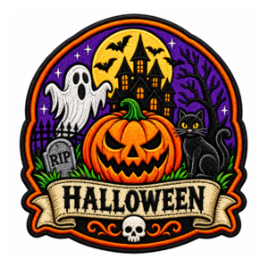 Halloween embroidered patch with haunted house, white ghost, orange jack-o-lantern pumpkin, black cat, flying bats, grave marker, bare tree, yellow moon, purple sky, and cream Halloween banner