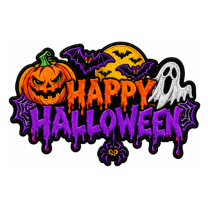Happy Halloween embroidered patch with orange jack-o-lantern pumpkin, white ghost, purple bats, yellow moon, spider webs, hanging spider, orange purple dripping lettering, and black satin border
