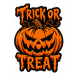 Trick or Treat embroidered patch with large orange jack-o-lantern pumpkin, black carved face, brown curled stem, dripping orange lettering, decorative vines, and black satin border.