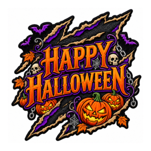 Happy Halloween embroidered patch with orange lettering, jack-o-lantern pumpkins, purple bats, cream skulls, gray chains, spider webs, autumn leaves, ripped black details, and black satin border.