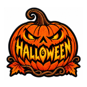 Halloween jack o lantern embroidered patch with large orange pumpkin, glowing yellow eyes, jagged black smile, Halloween lettering, brown curled stem, autumn leaves, vines, and black satin border