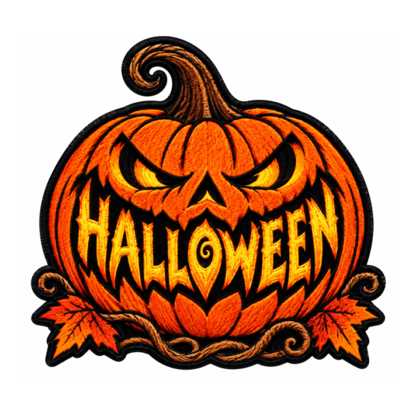 Halloween jack o lantern embroidered patch with large orange pumpkin, glowing yellow eyes, jagged black smile, Halloween lettering, brown curled stem, autumn leaves, vines, and black satin border