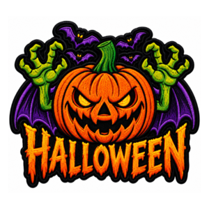 Halloween embroidered patch with large orange jack-o-lantern, green zombie hands, purple bat wings, flying bats, glowing yellow eyes, orange lettering, and black satin border