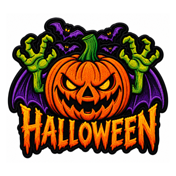 Halloween embroidered patch with large orange jack-o-lantern, green zombie hands, purple bat wings, flying bats, glowing yellow eyes, orange lettering, and black satin border