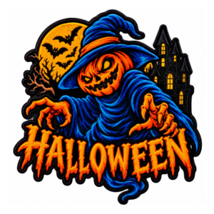 Halloween pumpkin reaper embroidered patch with orange jack-o-lantern head, blue cloak and witch hat, clawed hands, full moon, bats, haunted house, and orange Halloween lettering