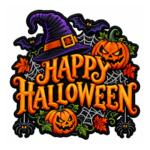 Happy Halloween embroidered patch with purple black witch hat, orange jack-o-lantern pumpkins, purple bats, black spiders, white spider webs, green vines, autumn leaves, and black satin border