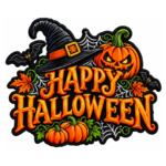 Happy Halloween embroidered patch with orange lettering, black witch hat, jack-o-lantern pumpkin, flying bats, white spider webs, green vines, autumn leaves, and black satin border