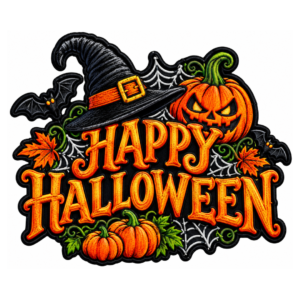 Happy Halloween embroidered patch with orange lettering, black witch hat, jack-o-lantern pumpkin, flying bats, white spider webs, green vines, autumn leaves, and black satin border
