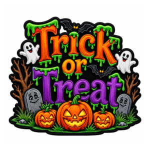 Trick or Treat Halloween embroidered patch with orange and purple lettering, green dripping slime, white ghosts, black bats, jack-o-lantern pumpkins, gravestones, trees, and black satin border