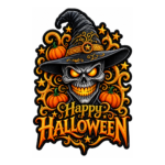Happy Halloween embroidered patch with gray skull wearing black witch hat, glowing orange eyes, pumpkins, gold stars, ornate scrollwork, and black satin border