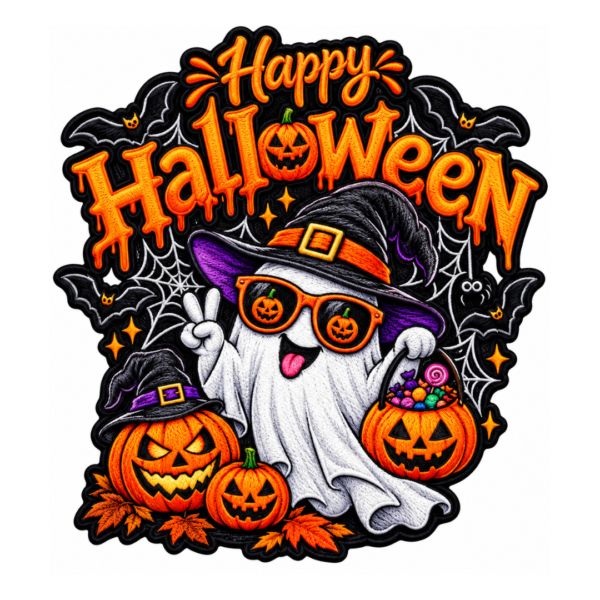 Happy Halloween embroidered patch with white ghost wearing black purple witch hat, orange pumpkin sunglasses, jack-o-lanterns, bats, spider webs, candy bucket, and orange lettering