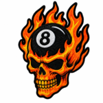 Flaming 8 ball skull embroidered patch with orange and yellow fire, black skull details, white teeth, black 8 ball with white number eight, and black satin border