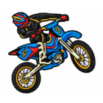 Dirt bike rider embroidered patch with motocross racer on blue and red motorcycle, number 9 graphics, black riding gear, cream boots, knobby tires, and black satin border