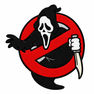 Ghostface style embroidered patch with white screaming mask, black hooded robe, raised knife, extended hand, bright red circular background, and black satin border