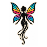 Rainbow fairy silhouette embroidered patch with black fairy figure, large colorful turquoise blue yellow orange pink and purple wings, cream outlines, flowing lower details, and cut-to-shape border